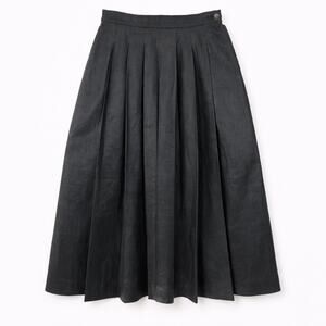 Vintage Talbots Minimalist Black Linen Pleated Midi Skirt Pockets Size 8